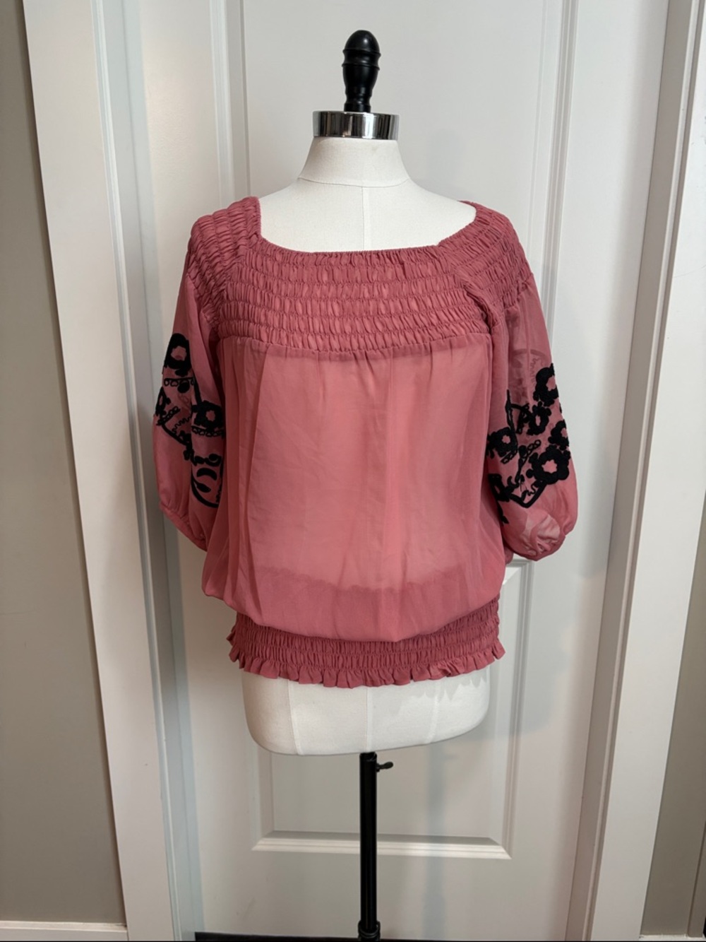 Twelve by Twelve Dusty Rose Smocked Peasant Blouse with Black Embroidery